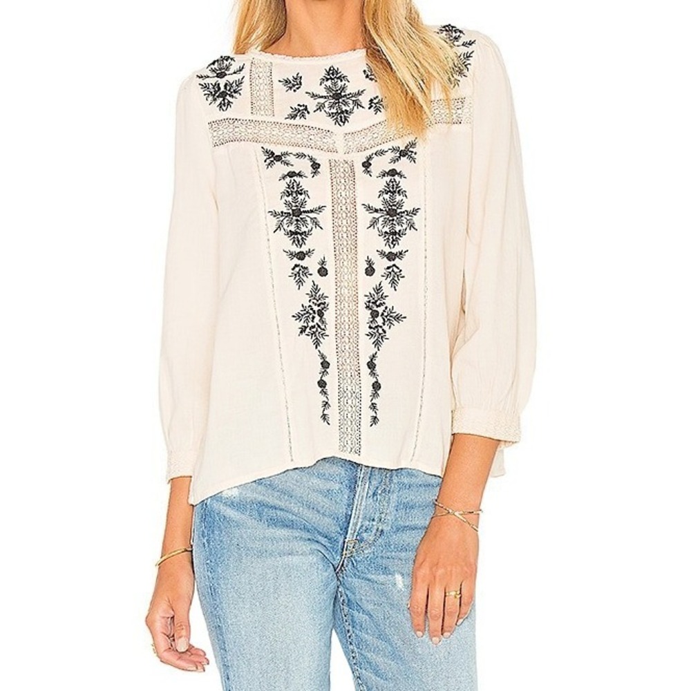 joie Oakes blouse beige woman Sz S laced black embroidery long sleeves cotton